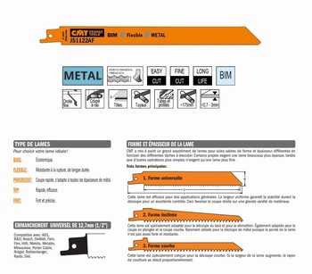 Lame scie sabre 225 mm  tôle mince, tuyau et profil mince CMT Orange Tools