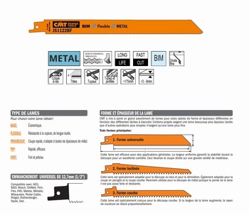 Lame scie sabre 225 mm  tôle moyenne et épaisse, tuyau et profil mince CMT Orange Tools