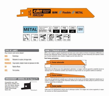 Lame scie sabre 150 mm  tôle, tuyau, profil mince CMT Orange Tools