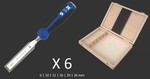 Coffret bois de 6 ciseaux à bois polie  manche bi-matière ergonomique et anneau de percussion - 6 à 26 mm
